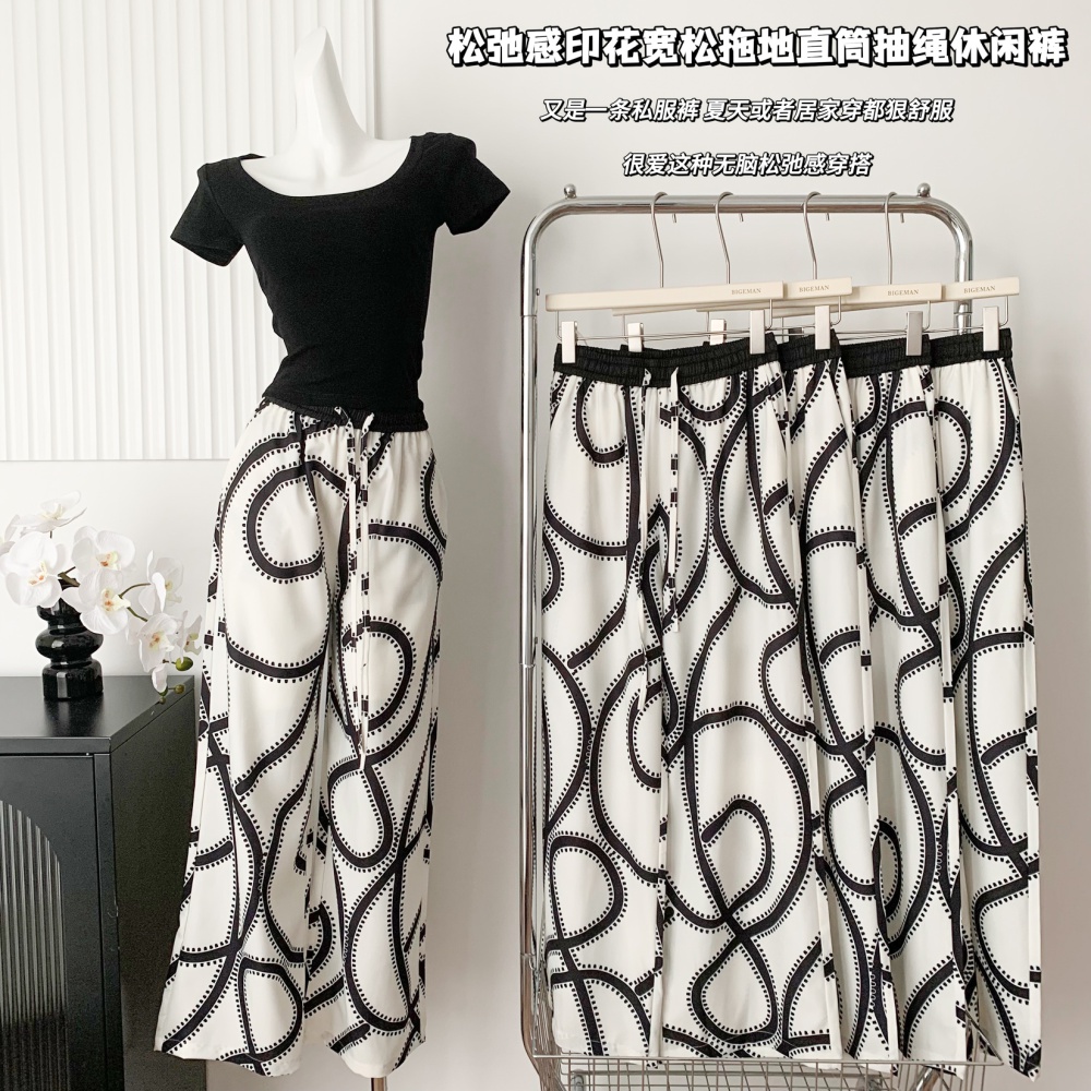 Straight pants printing drawstring loose casual pants