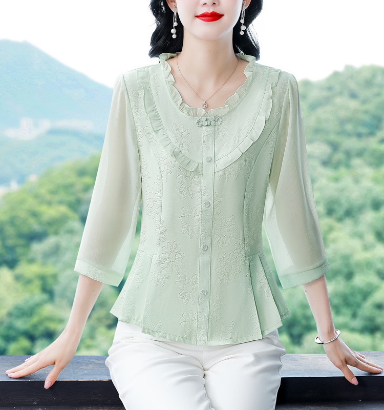 Middle-aged short sleeve tops thin slim chiffon shirt