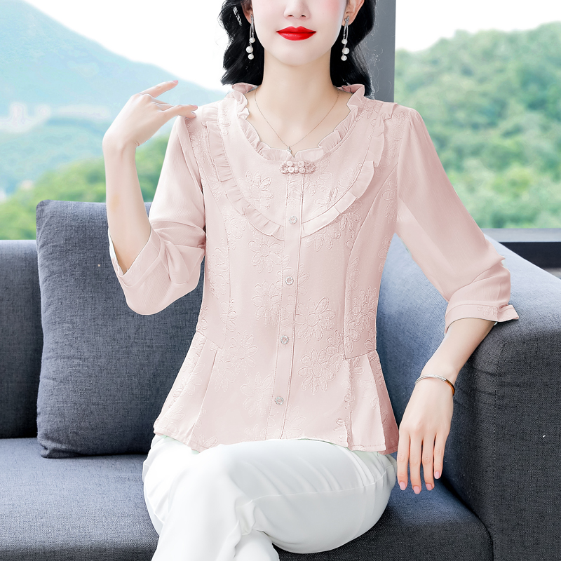 Middle-aged short sleeve tops thin slim chiffon shirt