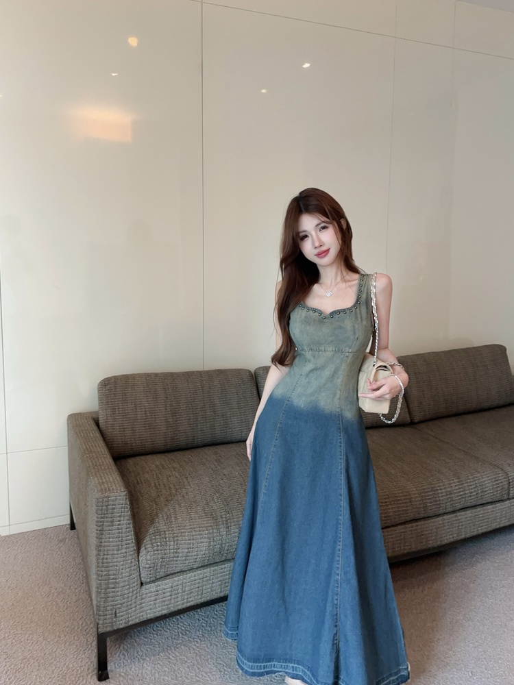 Denim unique dress A-line strap dress for women