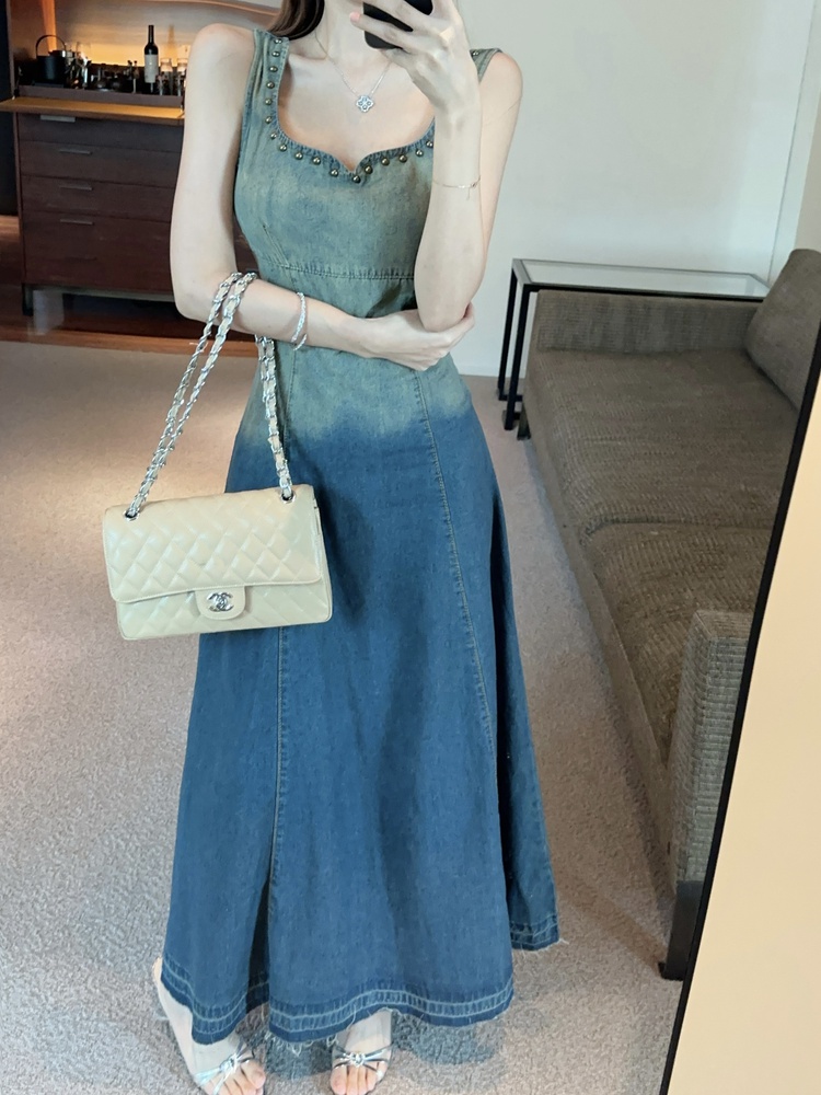 Denim unique dress A-line strap dress for women