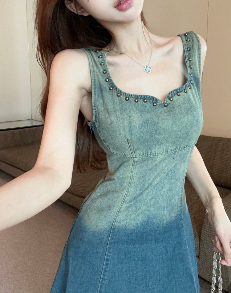 Denim unique dress A-line strap dress for women