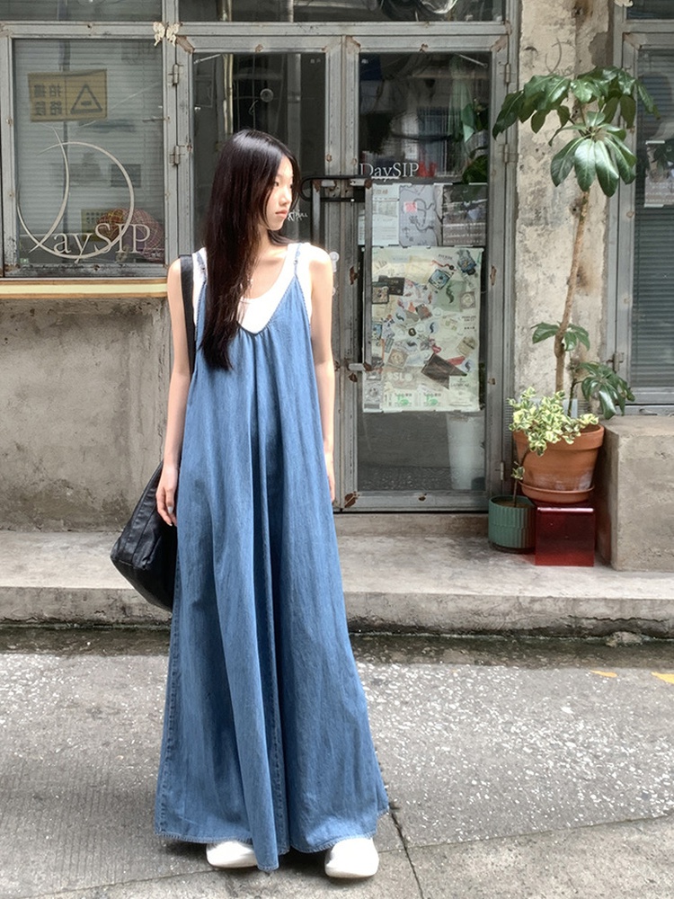 Slim denim dress V-neck show young long dress for women