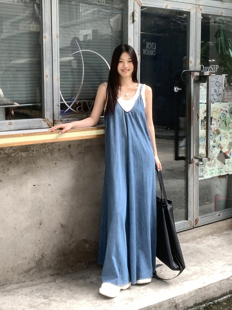 Slim denim dress V-neck show young long dress for women