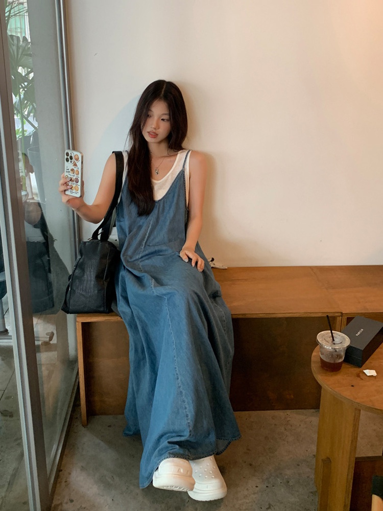 Slim denim dress V-neck show young long dress for women