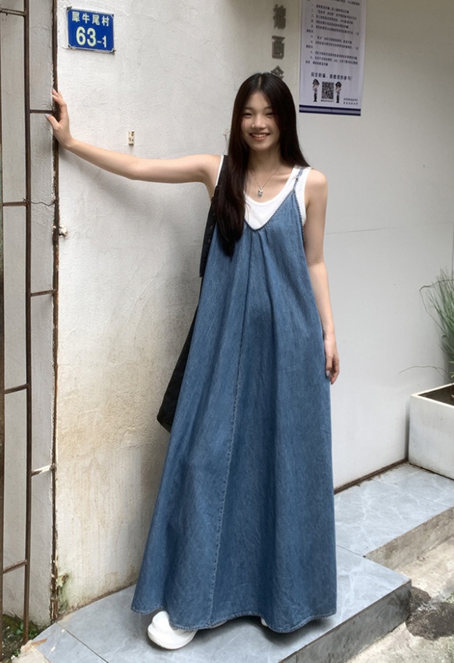 Slim denim dress V-neck show young long dress for women