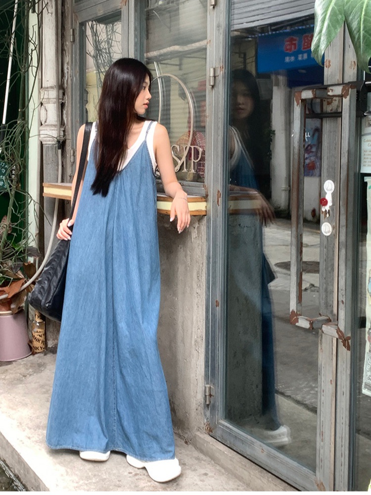 Slim denim dress V-neck show young long dress for women