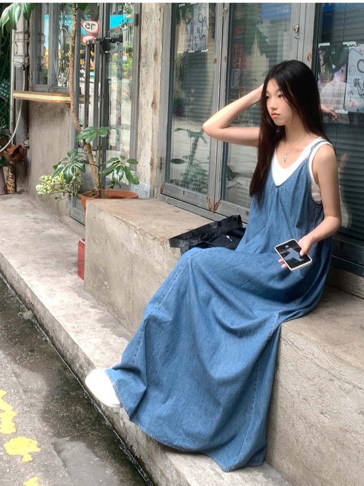 Slim denim dress V-neck show young long dress for women