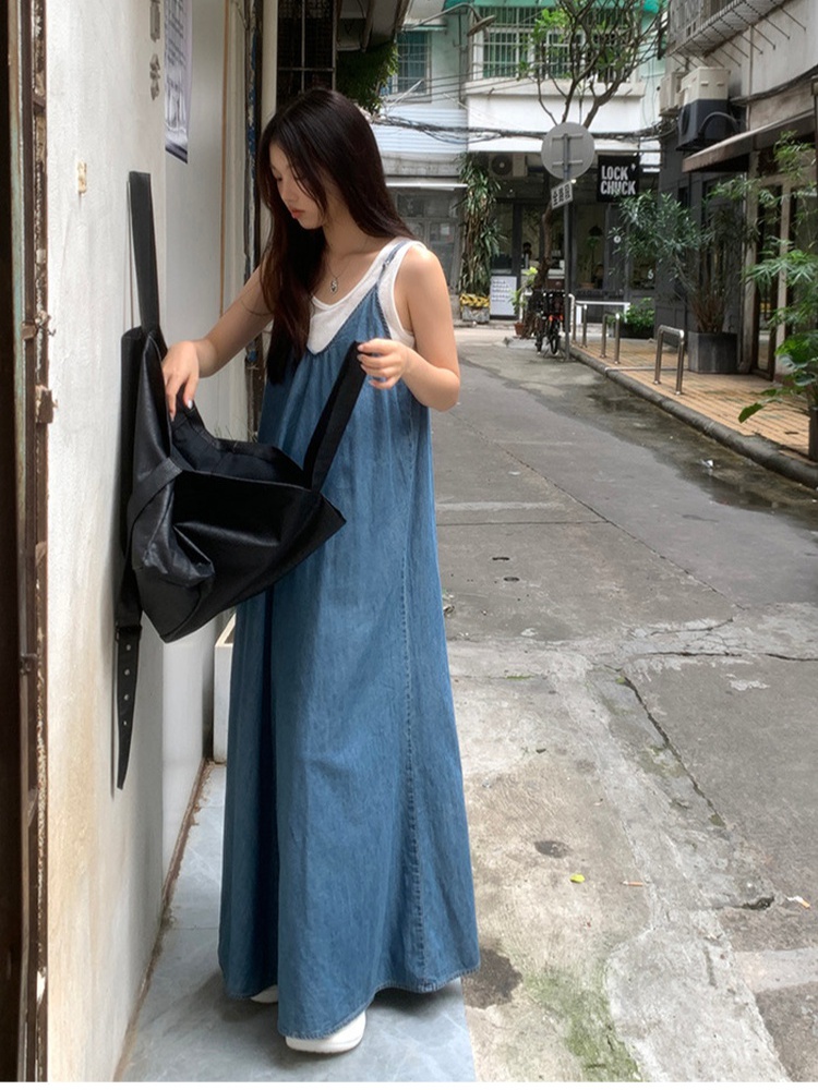 Slim denim dress V-neck show young long dress for women