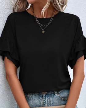 Lotus sleeve sweet round neck simple summer T-shirt