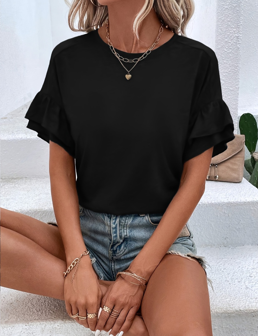 Lotus sleeve sweet round neck simple summer T-shirt