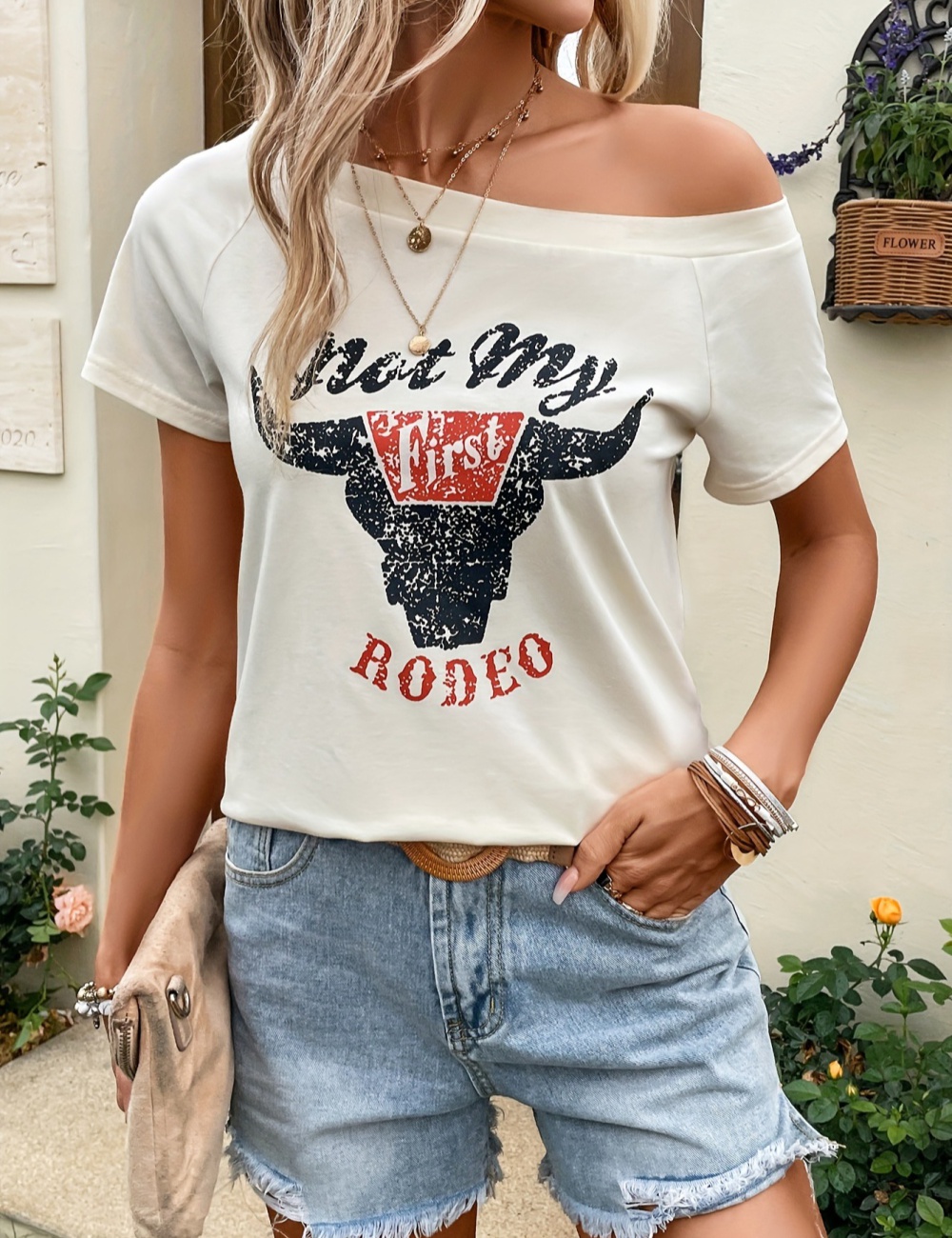 Summer European style horizontal collar printing T-shirt