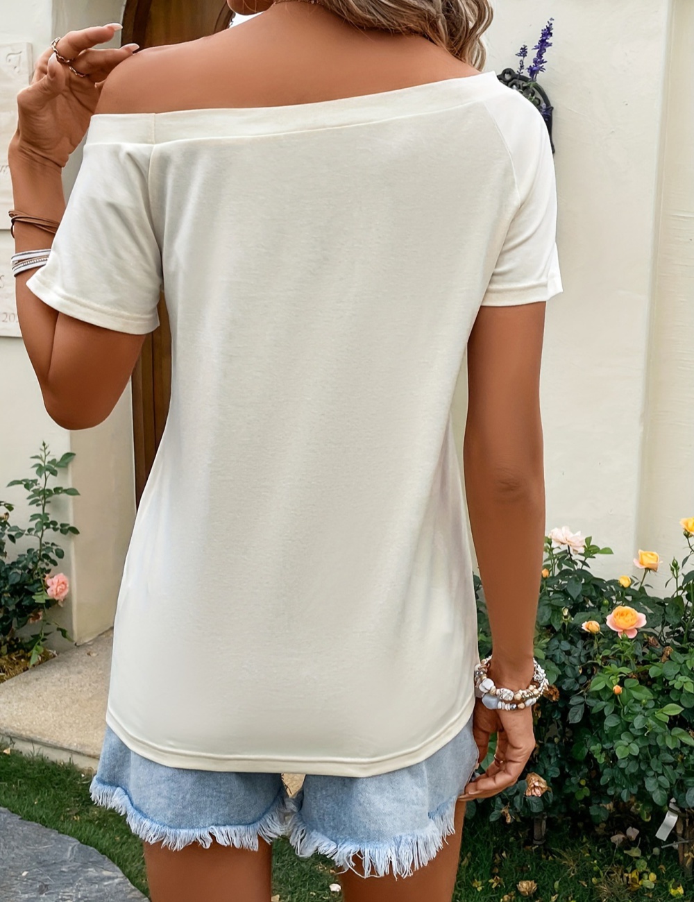 Summer European style horizontal collar printing T-shirt