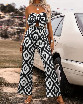 Printing geometry tops summer wide leg pants a set