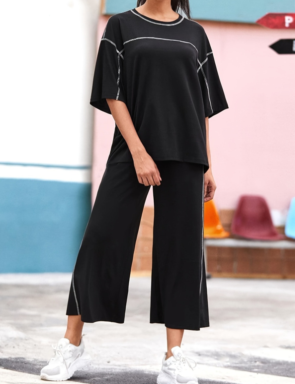 Simple T-shirt European style wide leg pants a set