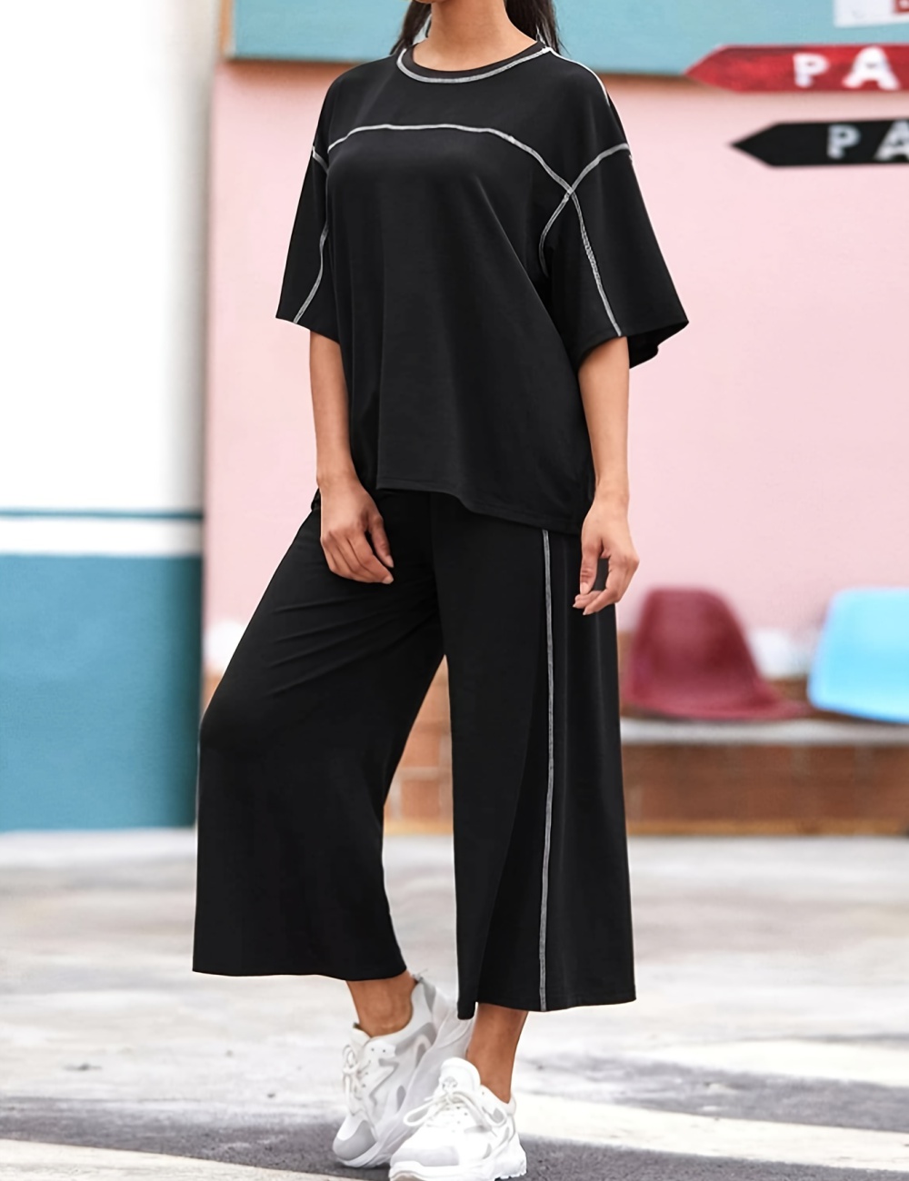 Simple T-shirt European style wide leg pants a set