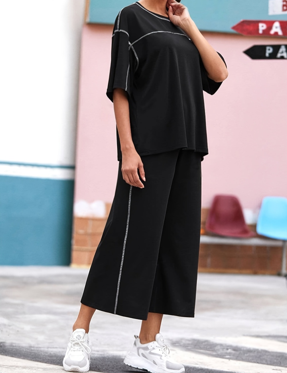 Simple T-shirt European style wide leg pants a set