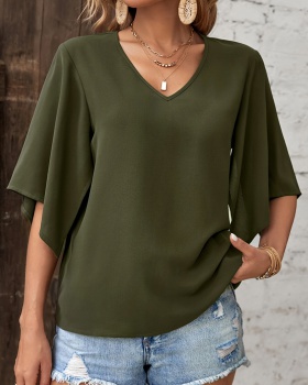 Pure European style fashion tops summer V-neck simple shirt