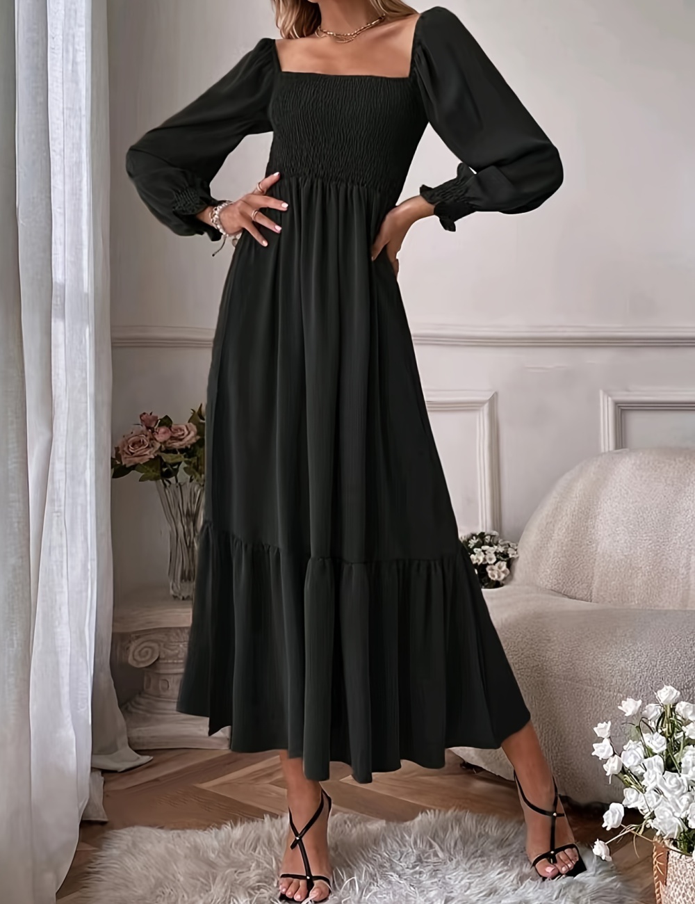 Big skirt slim long sleeve long dress pure lotus leaf edges dress