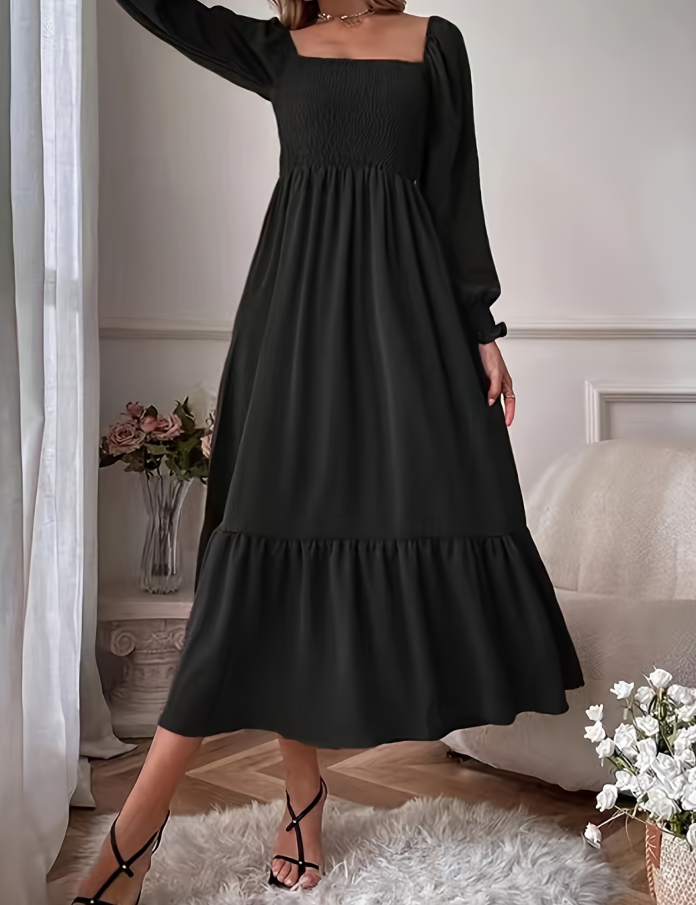 Big skirt slim long sleeve long dress pure lotus leaf edges dress