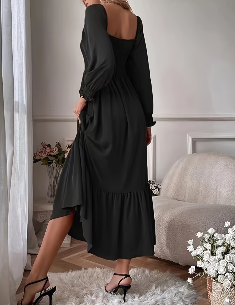 Big skirt slim long sleeve long dress pure lotus leaf edges dress