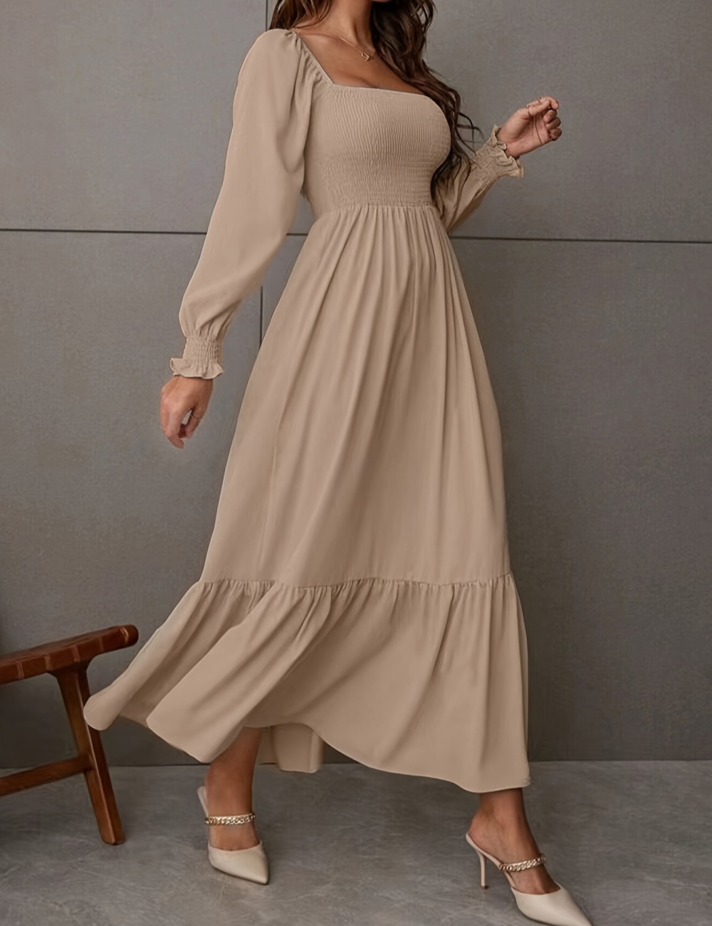 Big skirt slim long sleeve long dress pure lotus leaf edges dress