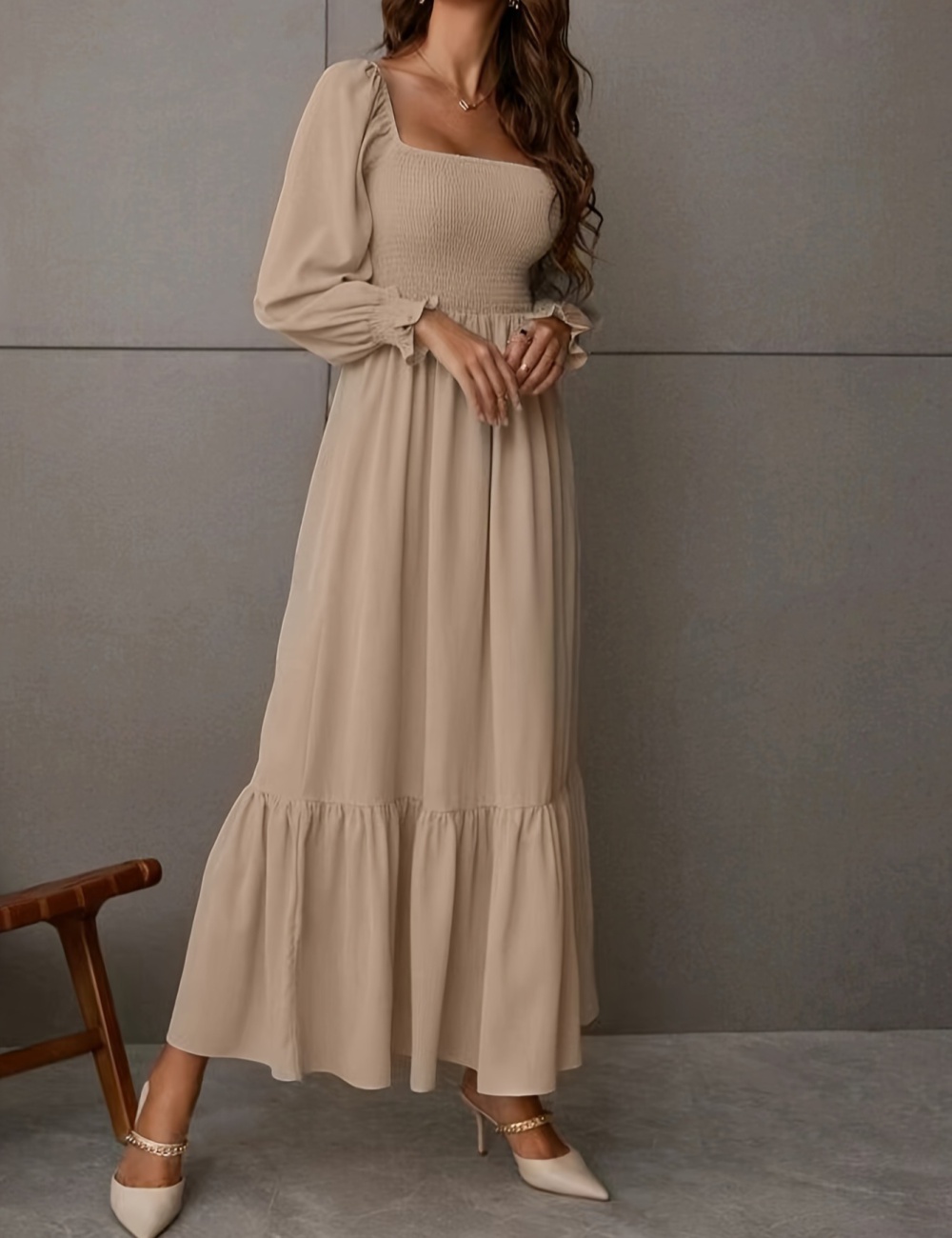 Big skirt slim long sleeve long dress pure lotus leaf edges dress