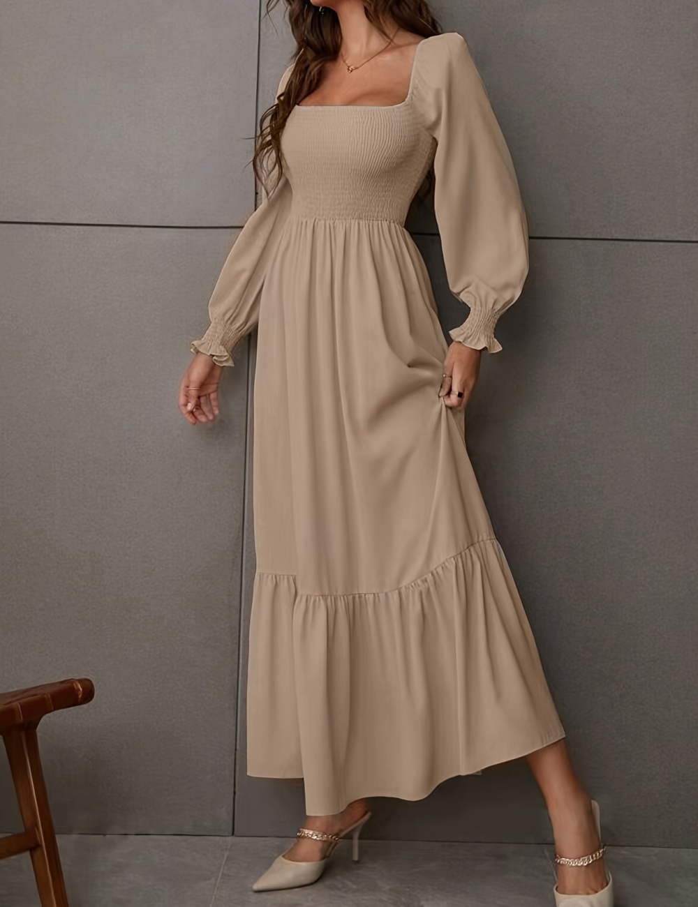 Big skirt slim long sleeve long dress pure lotus leaf edges dress