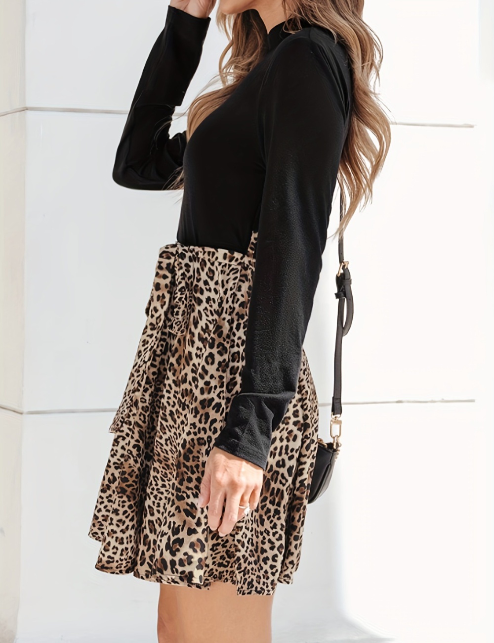 Round neck leopard A-line high waist slim skirt