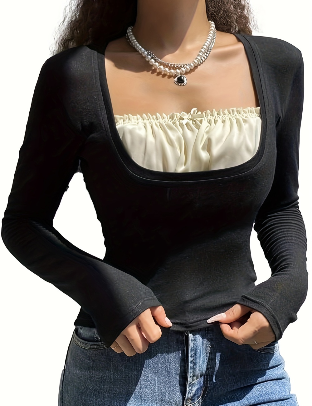 Slim splice long sleeve Pseudo-two mixed colors tops