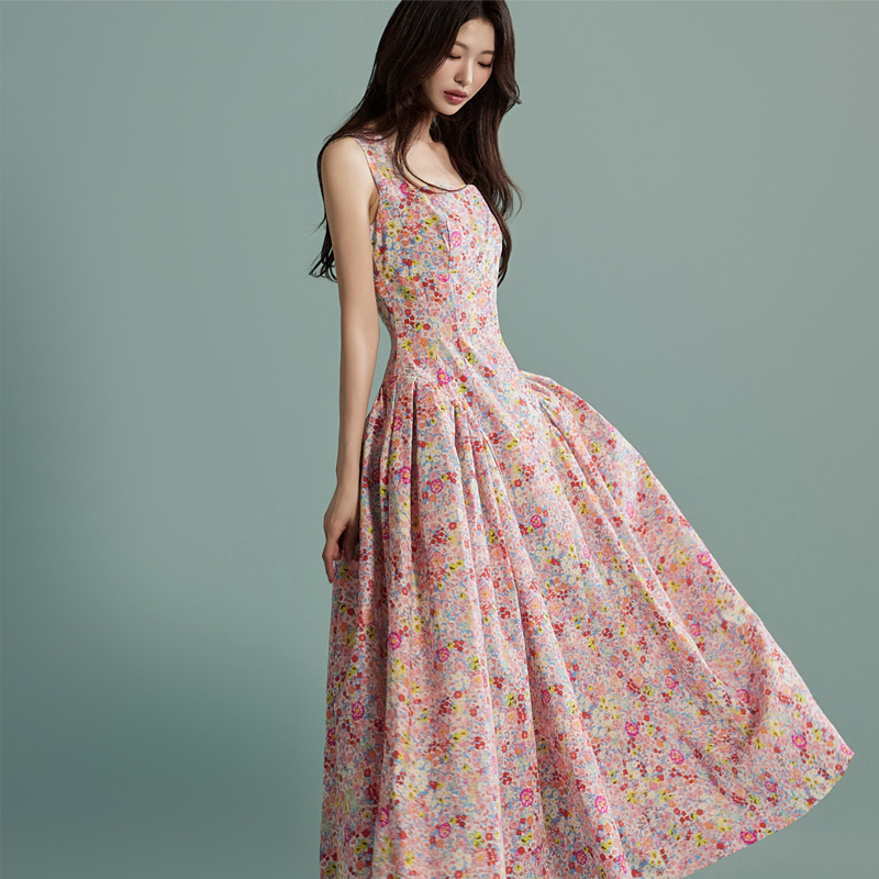 Summer temperament fashion long floral sweet Korean style dress