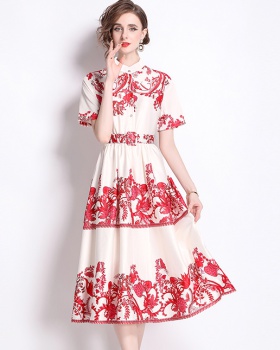 Printing pastoral style) big skirt stand collar dress