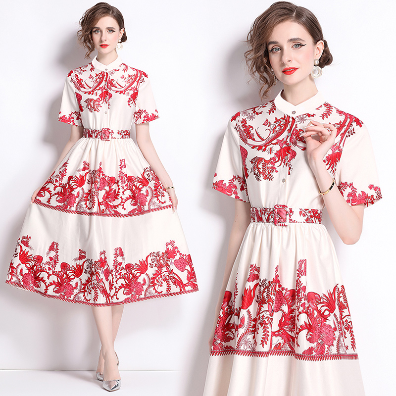 Printing pastoral style) big skirt stand collar dress