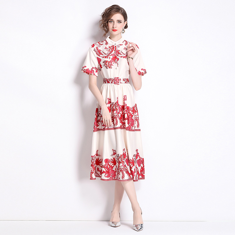 Printing pastoral style) big skirt stand collar dress