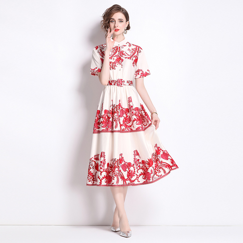 Printing pastoral style) big skirt stand collar dress