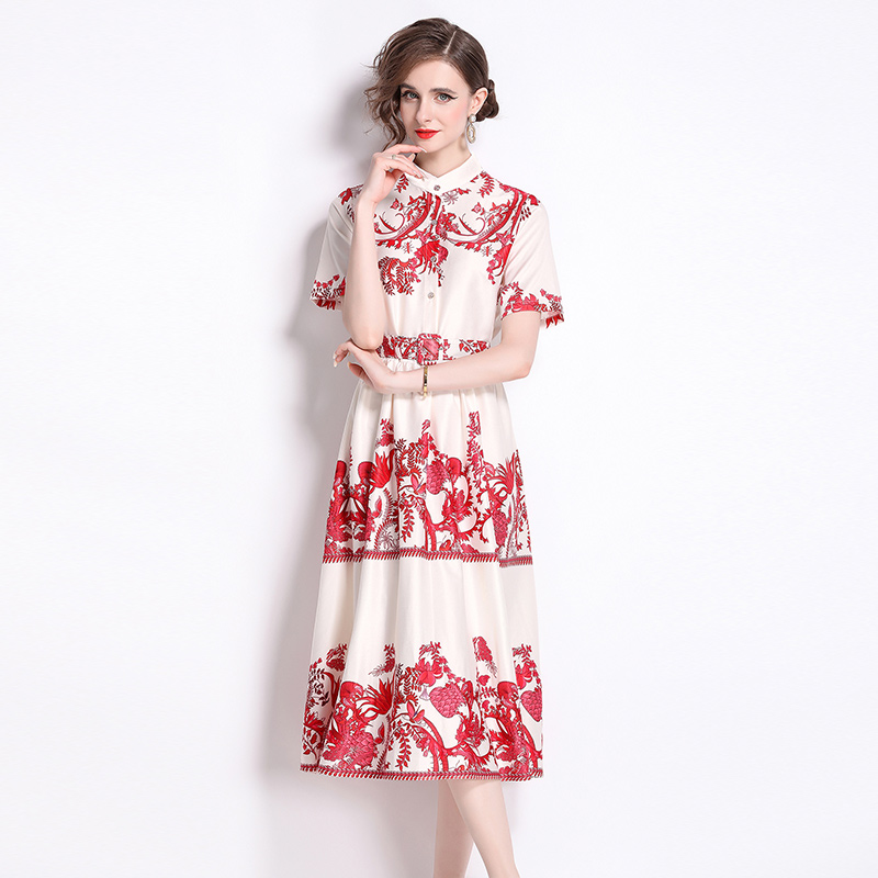 Printing pastoral style) big skirt stand collar dress