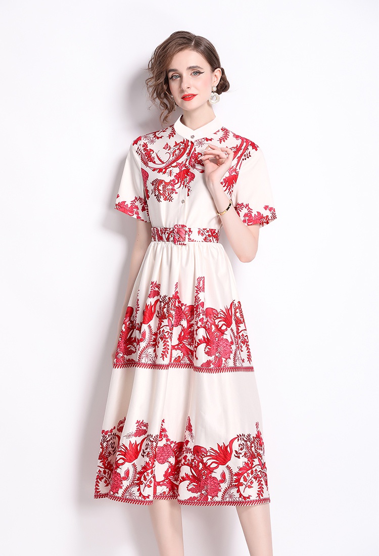 Printing pastoral style) big skirt stand collar dress