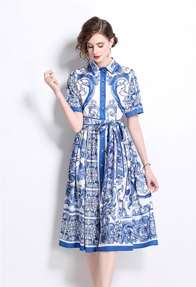 Printing pinched waist dress European style fashion cardigan