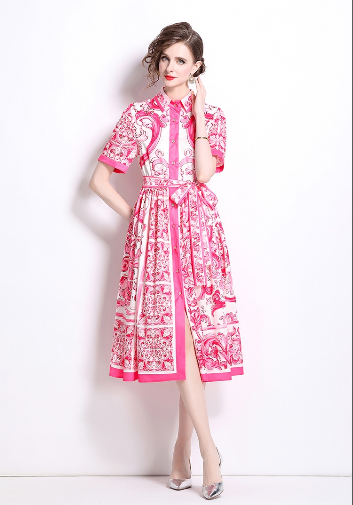 Printing pinched waist dress European style fashion cardigan