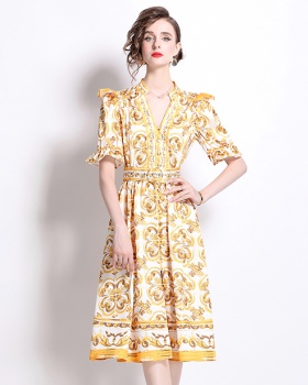 Court style cstand collar printing single-breasted dress