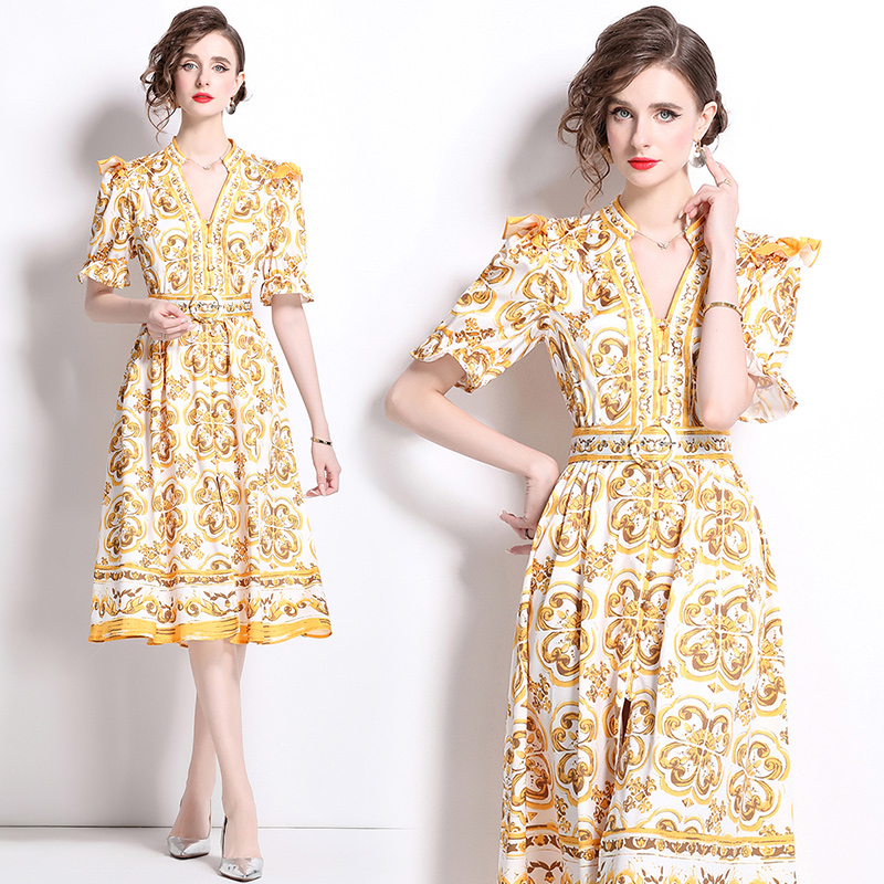 Court style cstand collar printing single-breasted dress