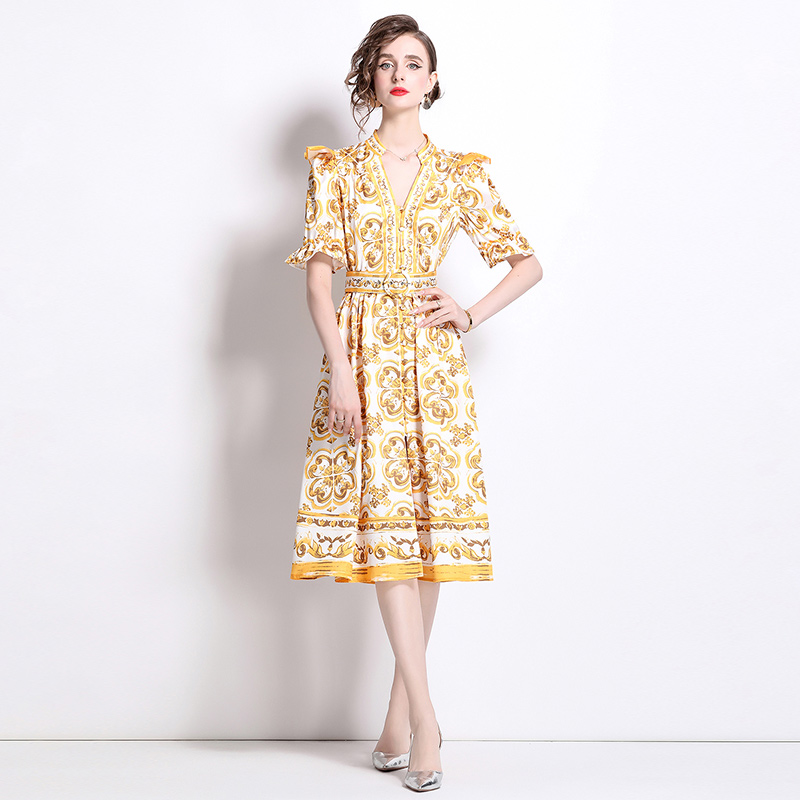 Court style cstand collar printing single-breasted dress