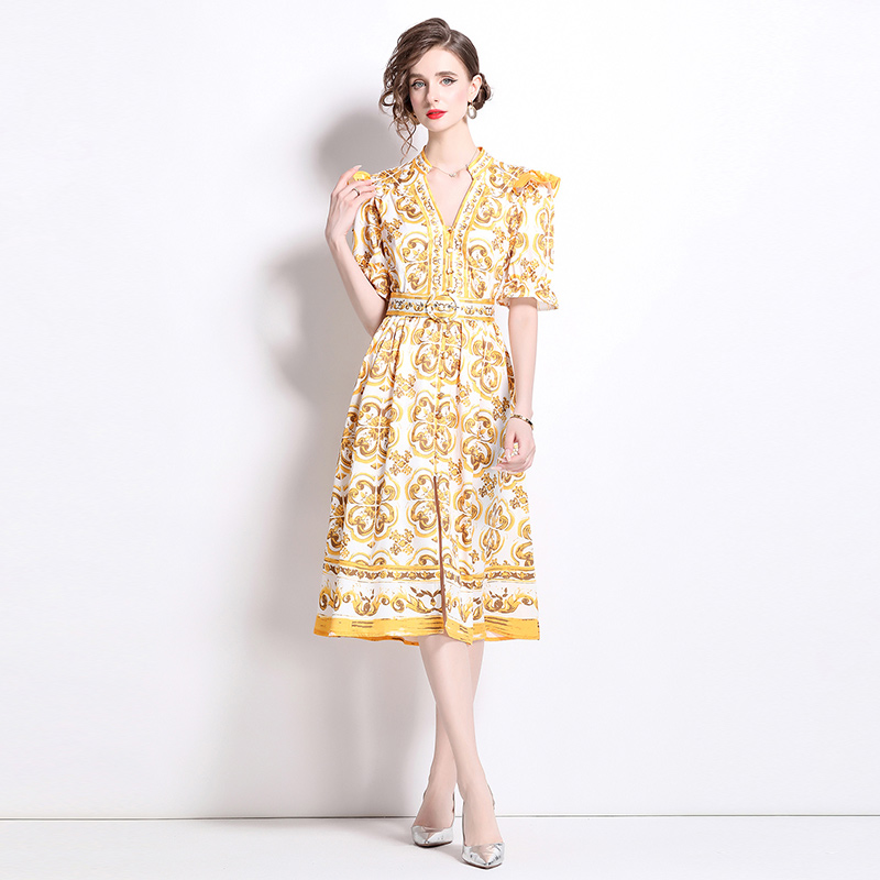 Court style cstand collar printing single-breasted dress