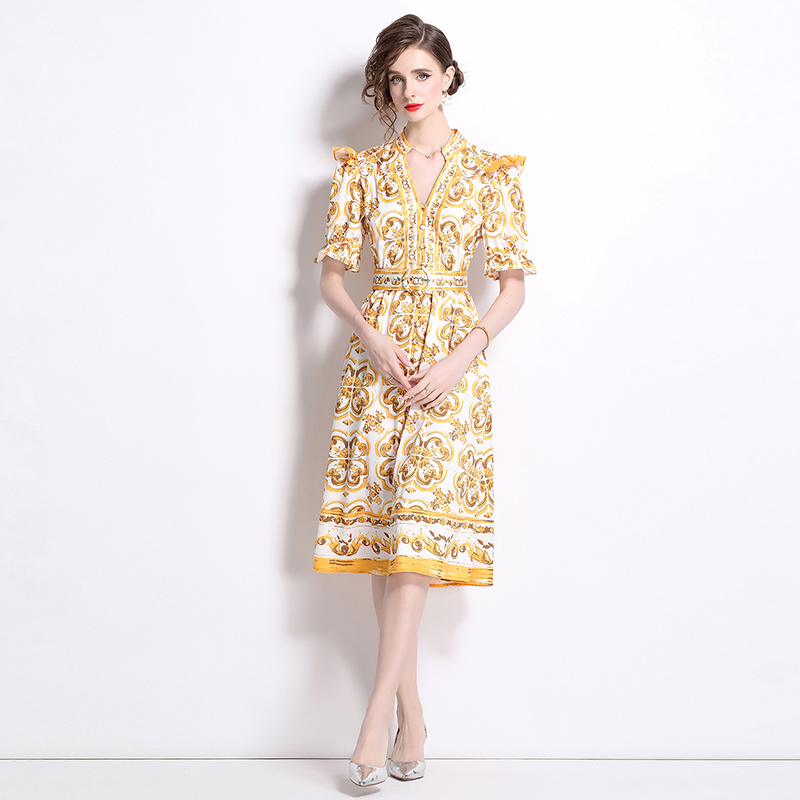 Court style cstand collar printing single-breasted dress