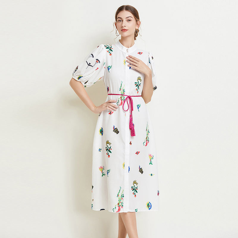 Slim ladies dress big skirt printing long dress