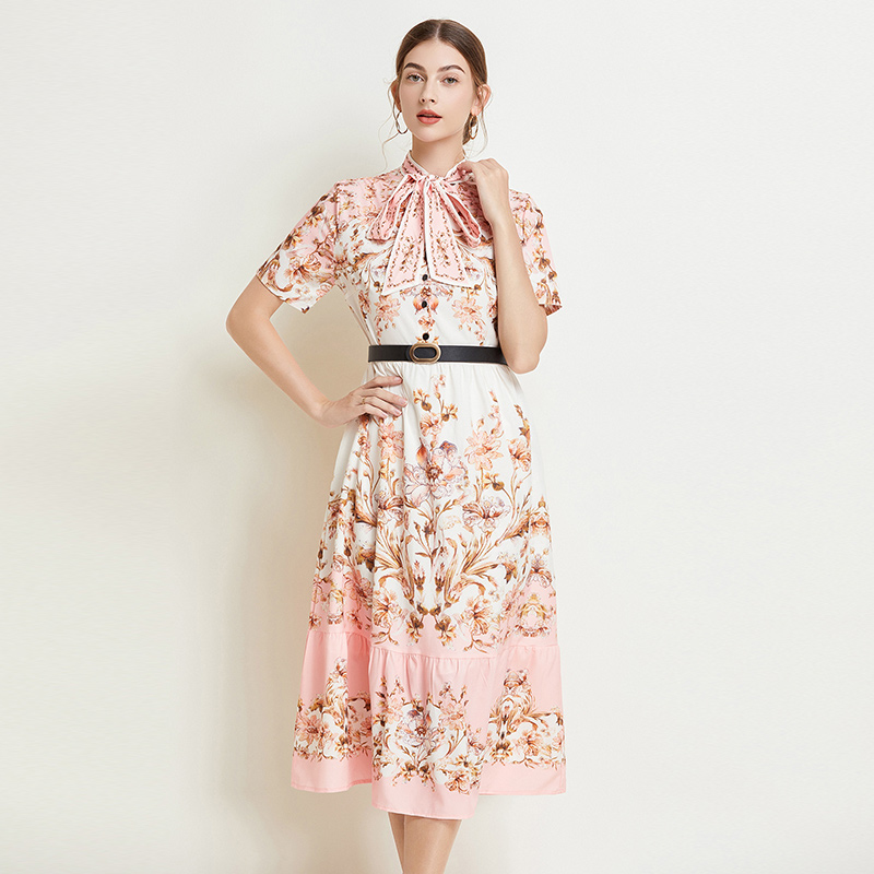 Retro A-line big skirt printing long romantic dress