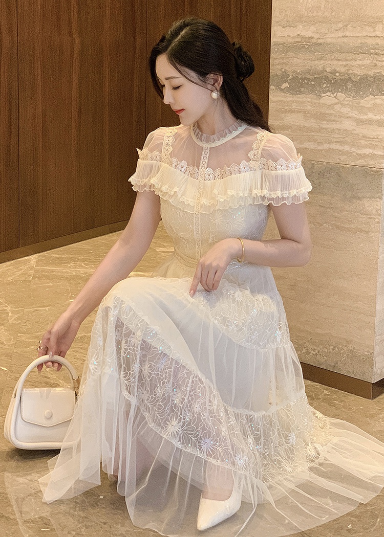 Lotus leaf collar gauze puff sleeve dress for women