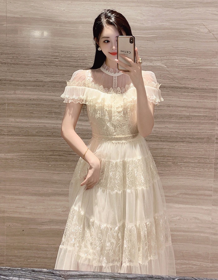 Lotus leaf collar gauze puff sleeve dress for women