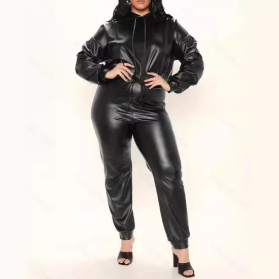 Hooded large yard leather coat pure leather pants a set