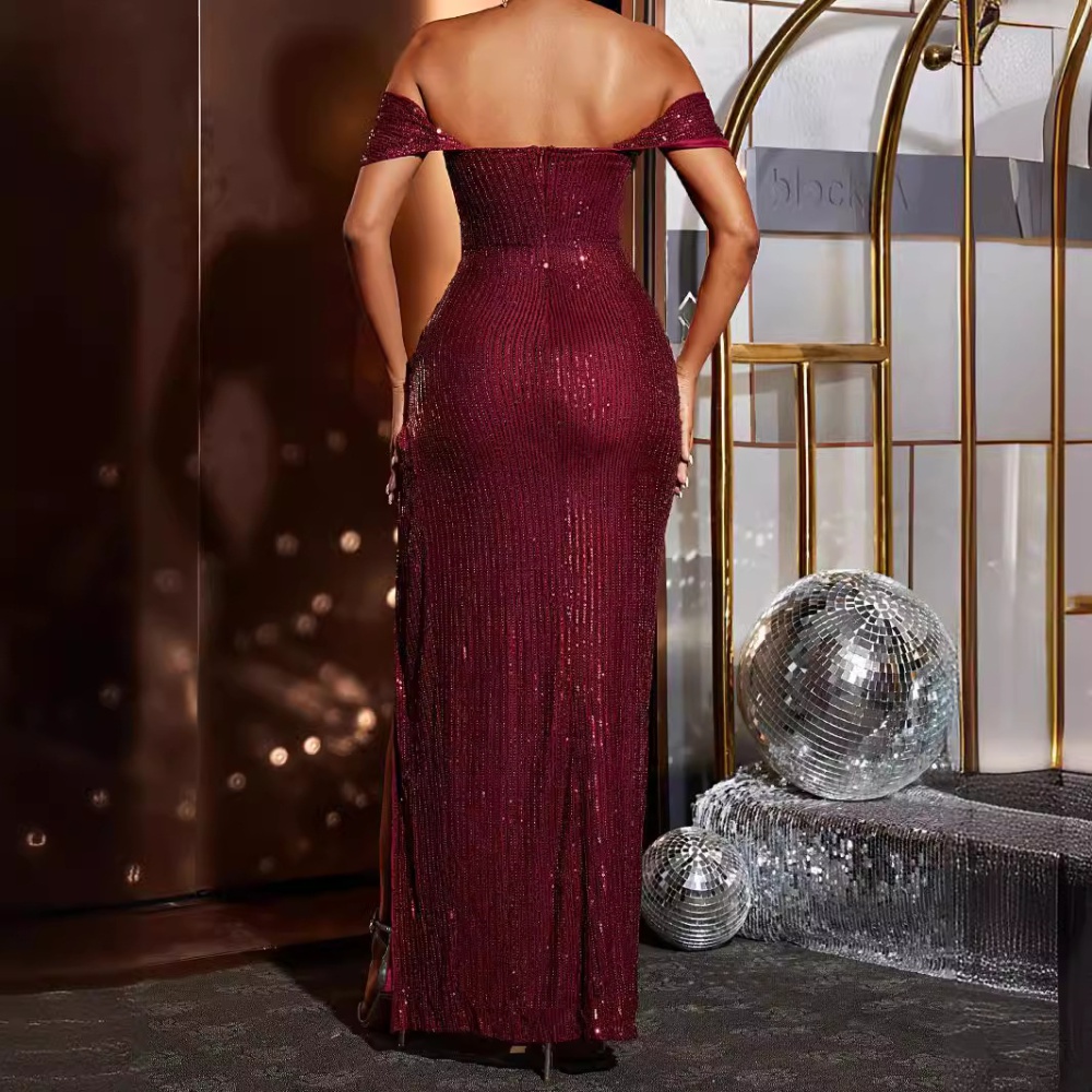 Pure banquet flat shoulder split package hip evening dress